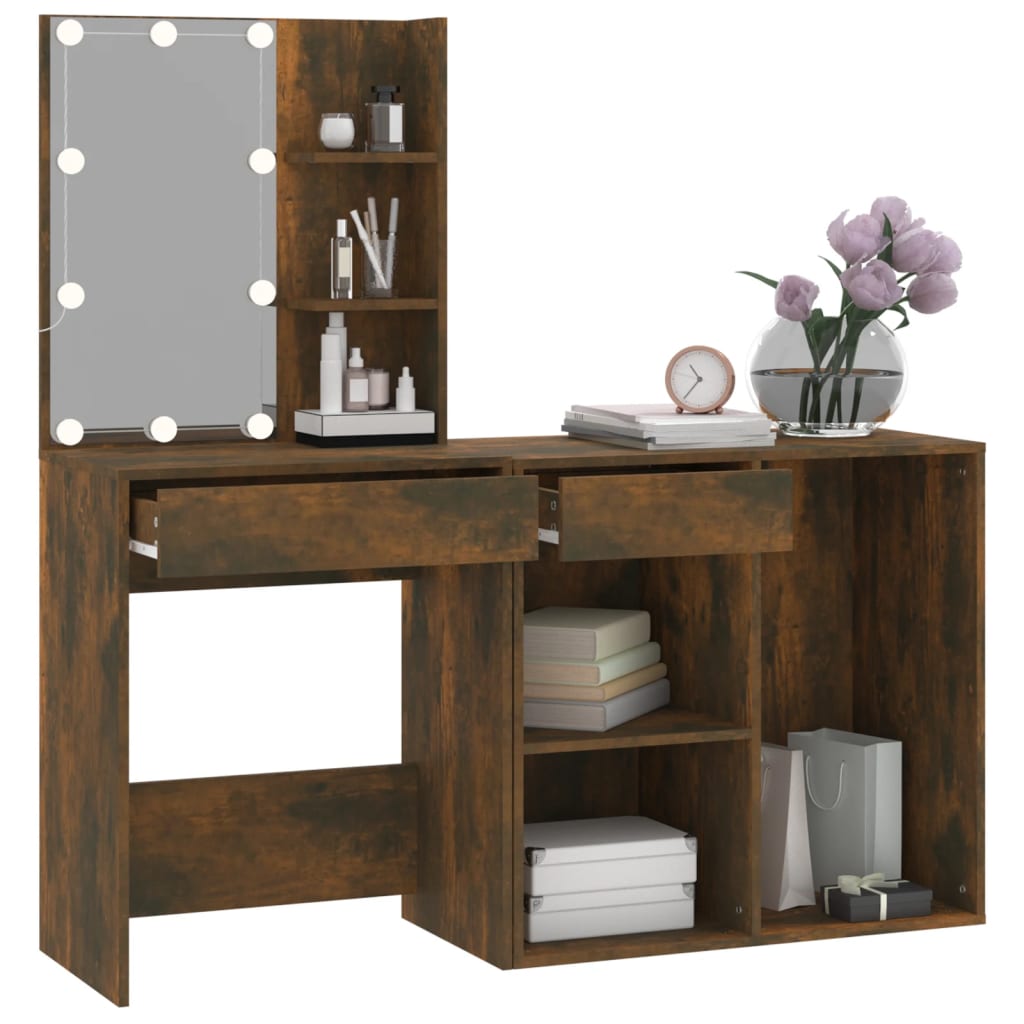 LED Vanity Table with Cabinet Smoked Oak Wood Based Material