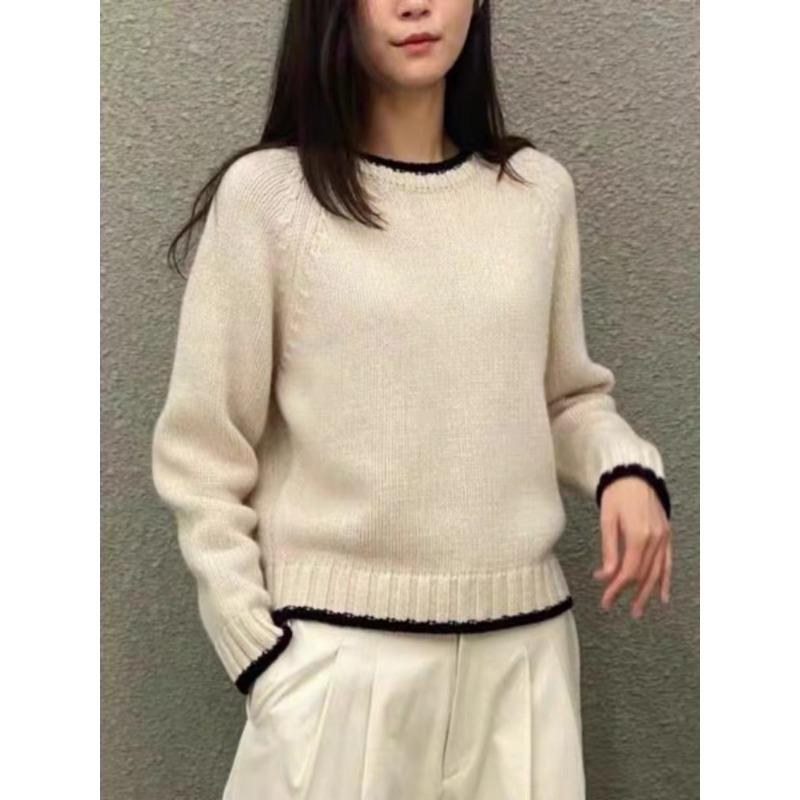 Crew neck color matching pullover sweater women's autumn and winter new loose and thin long-sleeved knitted sweater outer top