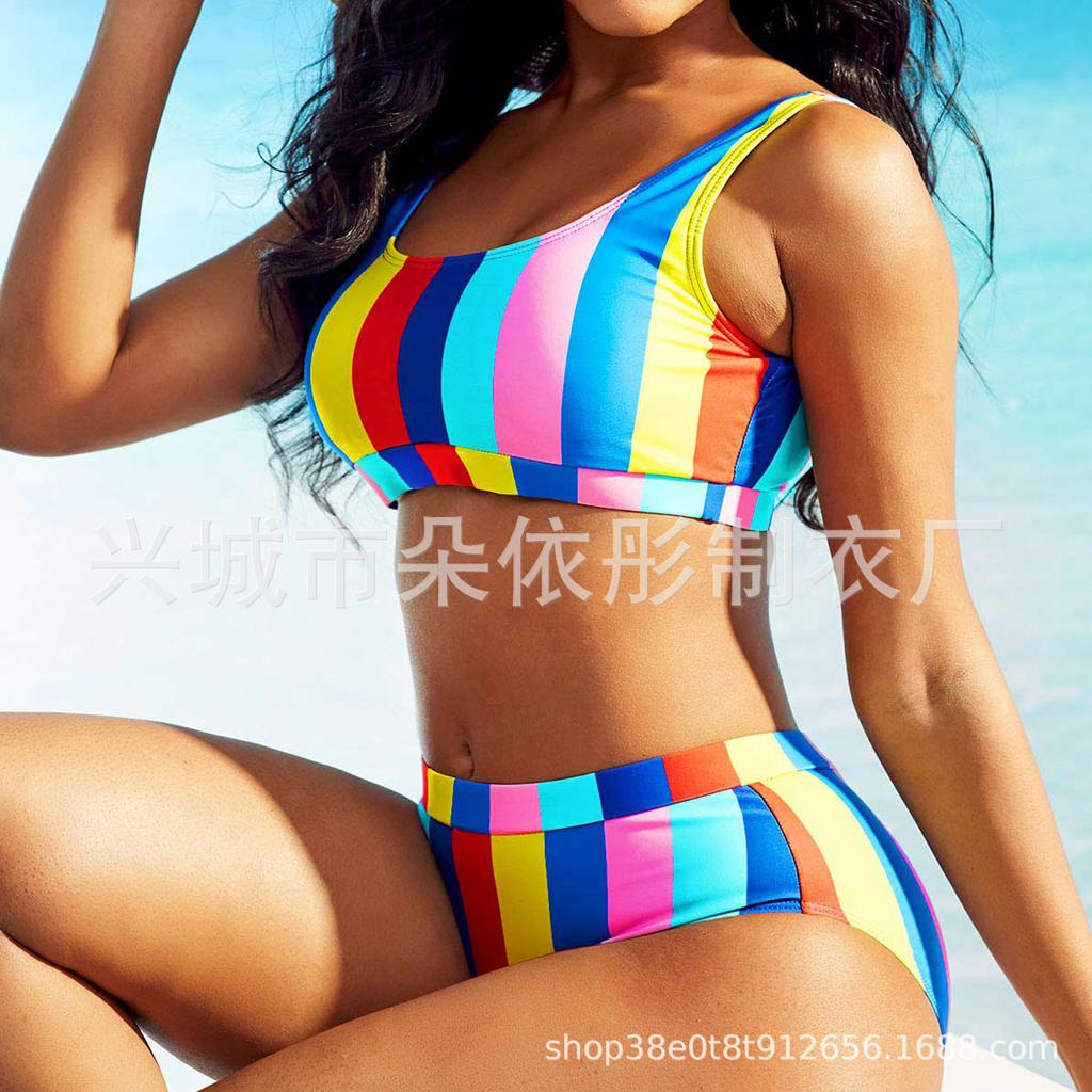 New model to picture to sample high waist stripes sexy bikini split swimsuit women fashion sexy