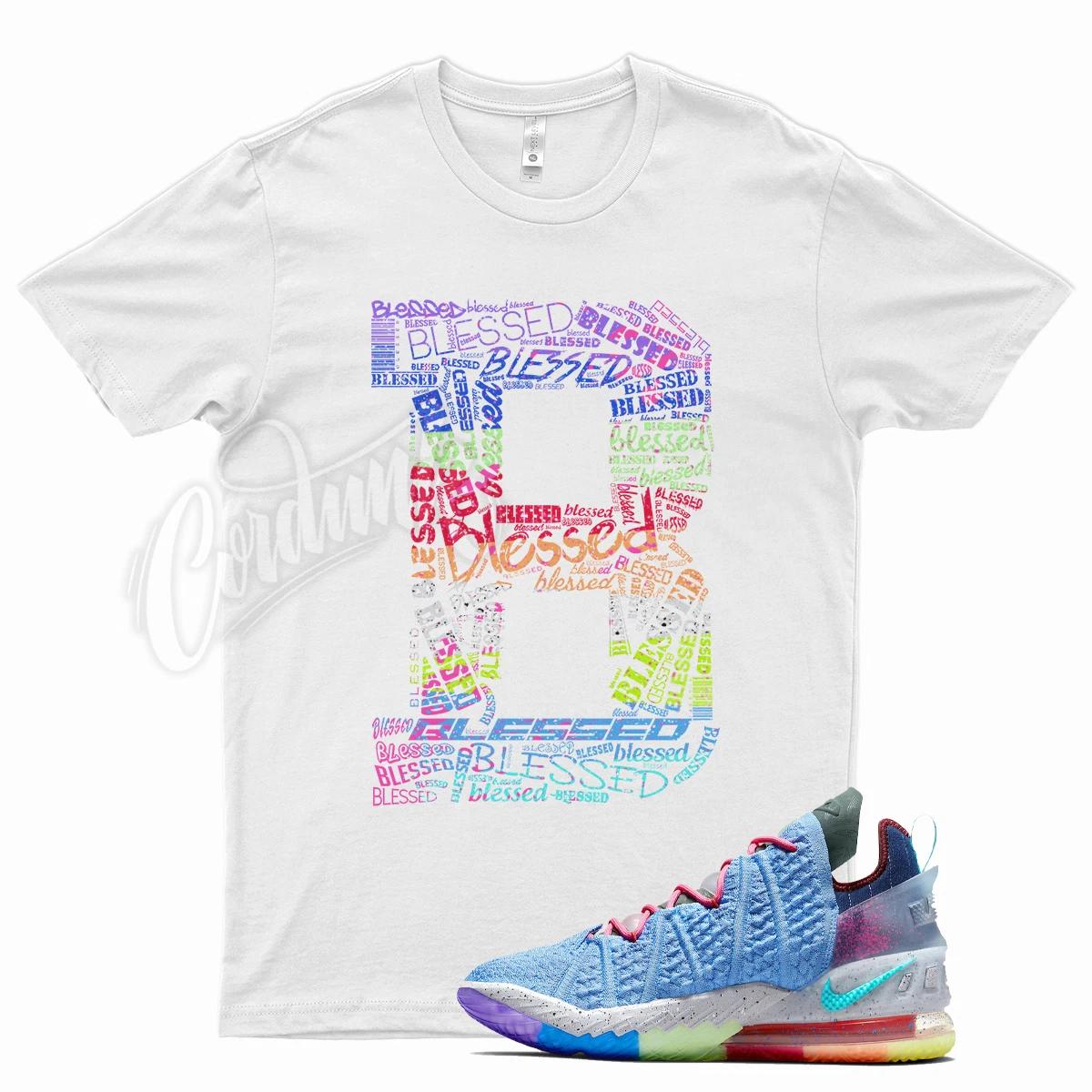 

White BLESSED Shirt for Lebron 18 What The University Blue Multi Color Best 1-9 3XL