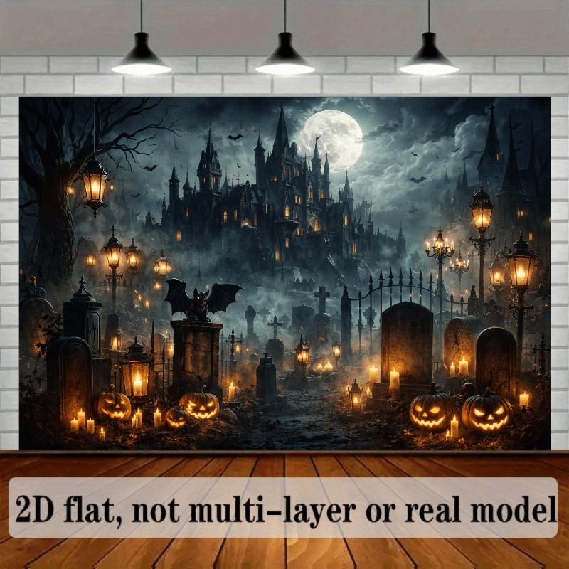 2D Flat Horror Castle-themed Background Fabric, Perfect for Halloween Parties To Create an Eerie and Terrifying Atmosphere