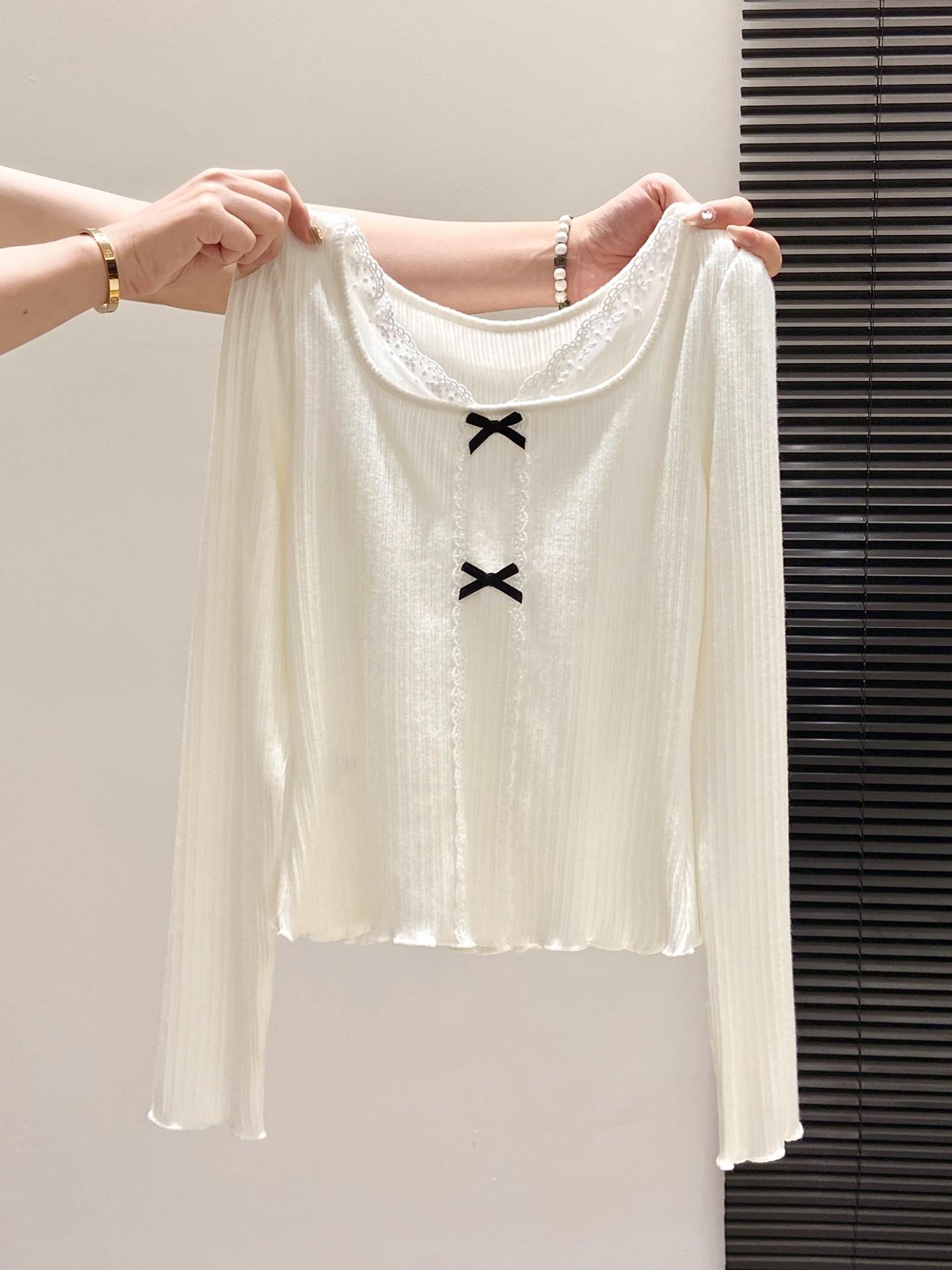 Women s Spring Autumn Slim Fit Bowknot Square Neck Lace Top Small белый
