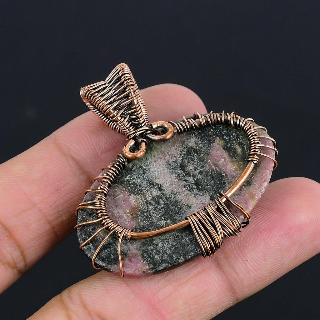 Rhodonite Gemstone Pendant | Oxidized Copper Wire Wrapped | Necklace Pendant | Handmade Copper Pendant Jewelry Gift For Her/himLC-306