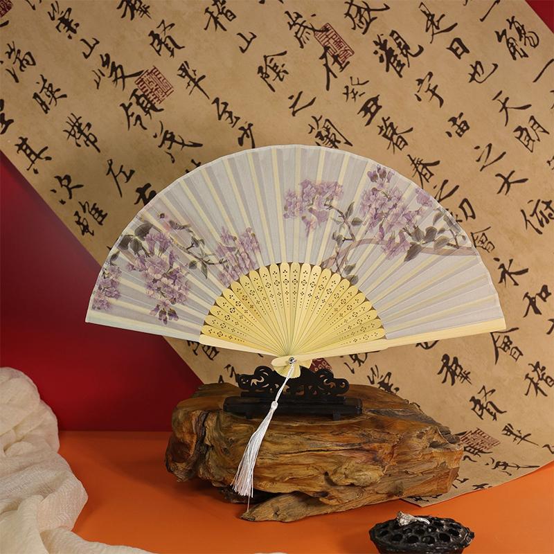 Bamboo Chinese Style Folding Fan Vintage Silk Folding Fan Shank Classical Dance Fan Tassel Elegent Female Hand Fan Home Decor