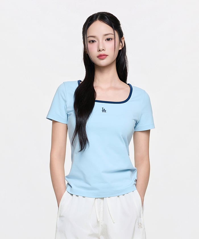 Emelbi Women'S Basic Square Neck Slim Fit Short Sleeve T-Shirt La (Mg. Blue)
