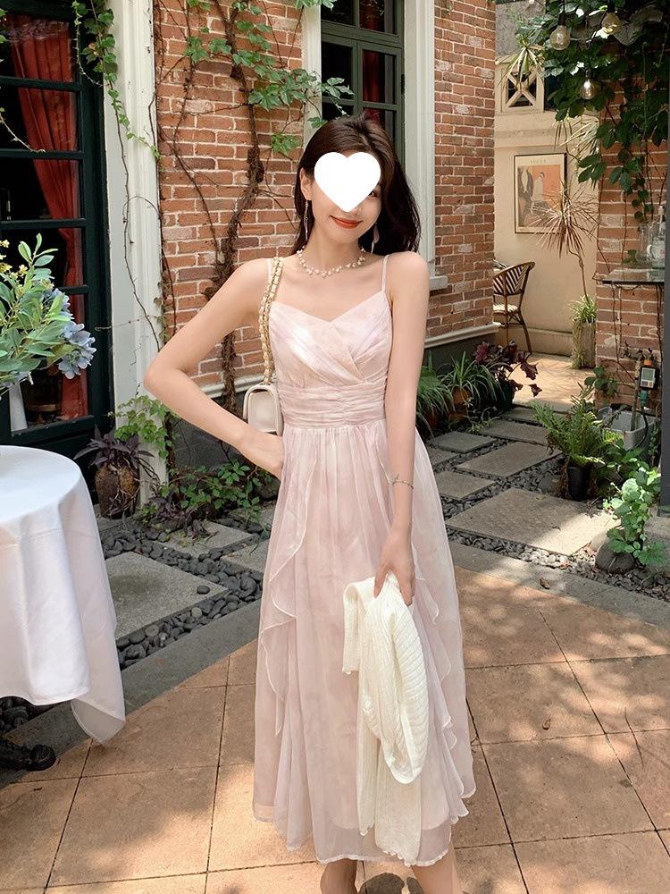 Chuqing French High-Waisted Pleated Chiffon Summer Dress - Spaghetti Strap, Long, Ruffled, Elegant Vacation Wear.