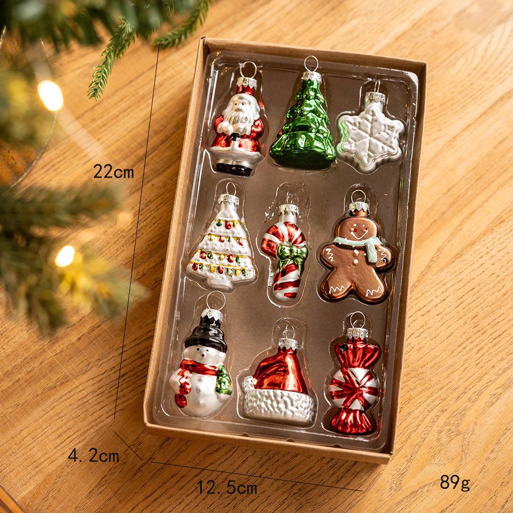 

9Pcs/Set Glass Christmas Tree Decora Pendant Santa Claus Painting Pendant for Navidas Atmosphere Scene Arrangement Gift Box 2025