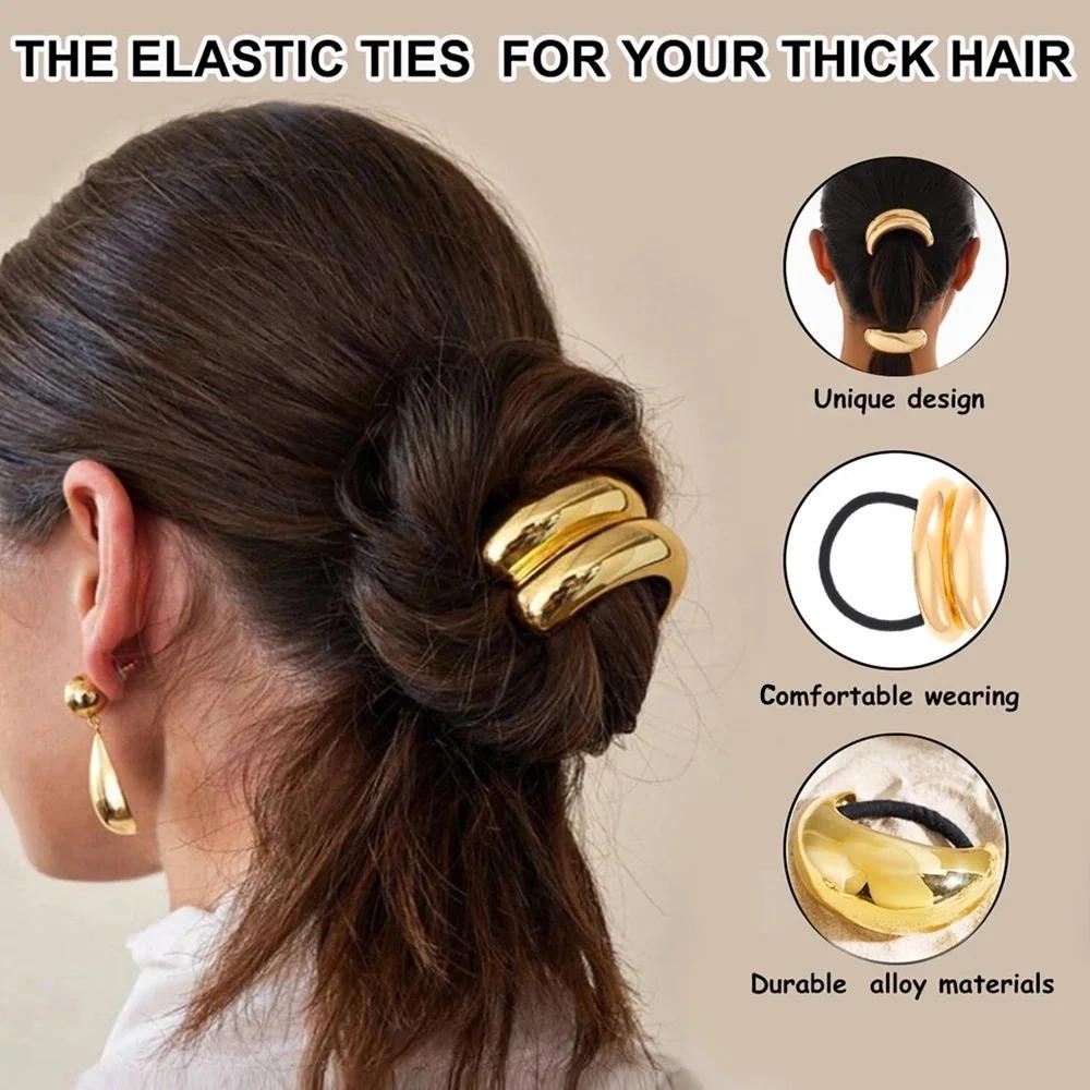 3/6pcs Gold Ponytail Cuff with Elastic Hair Ties Metal Charms Black Rubber Band Women Girs Non-Damage Hair Rope