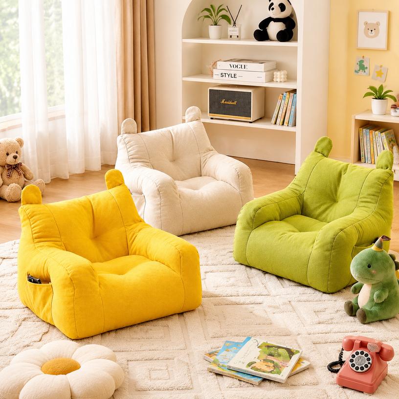 Kids Sofa Yellow Lazy Sofa with Bear-Ear Backrest and Side Pocket 38x38x35cm