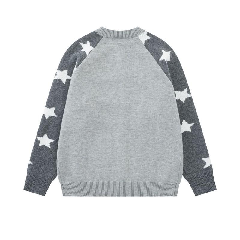 Mens Oversized Crewneck Cardigan Sweater With Contrast Shoulder Panels Embroidered Pocket - Fall Streetwear Knitwear
