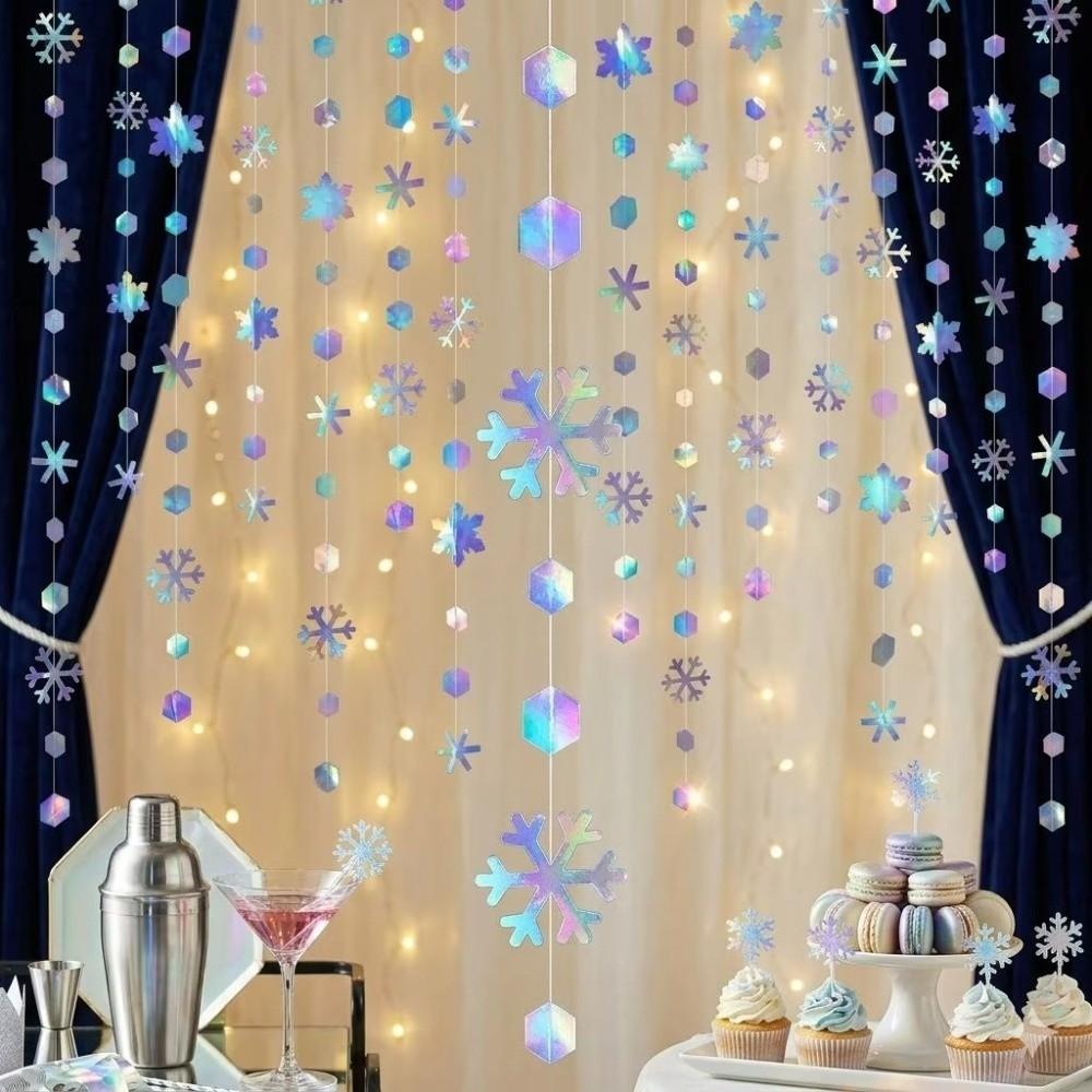 4m Paper Snowflake Streamer Romantic Reusable Christmas Hanging Streamer Glitter Durable Christmas Decoration Curtain Engagement