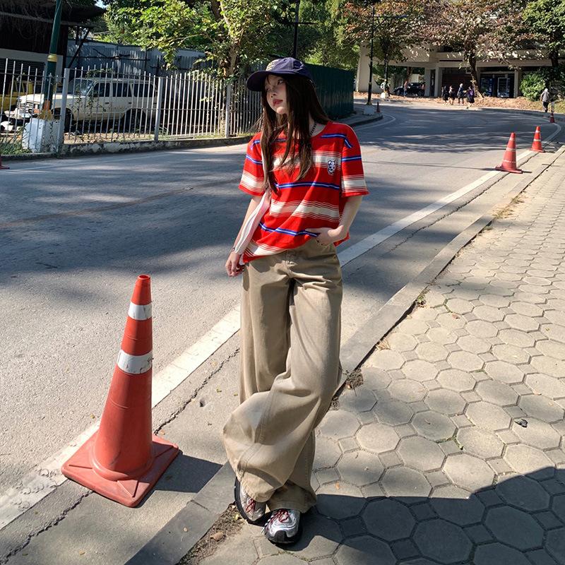 Khaki jeans women's summer new lazy loose pants high waist straight wide leg pants American