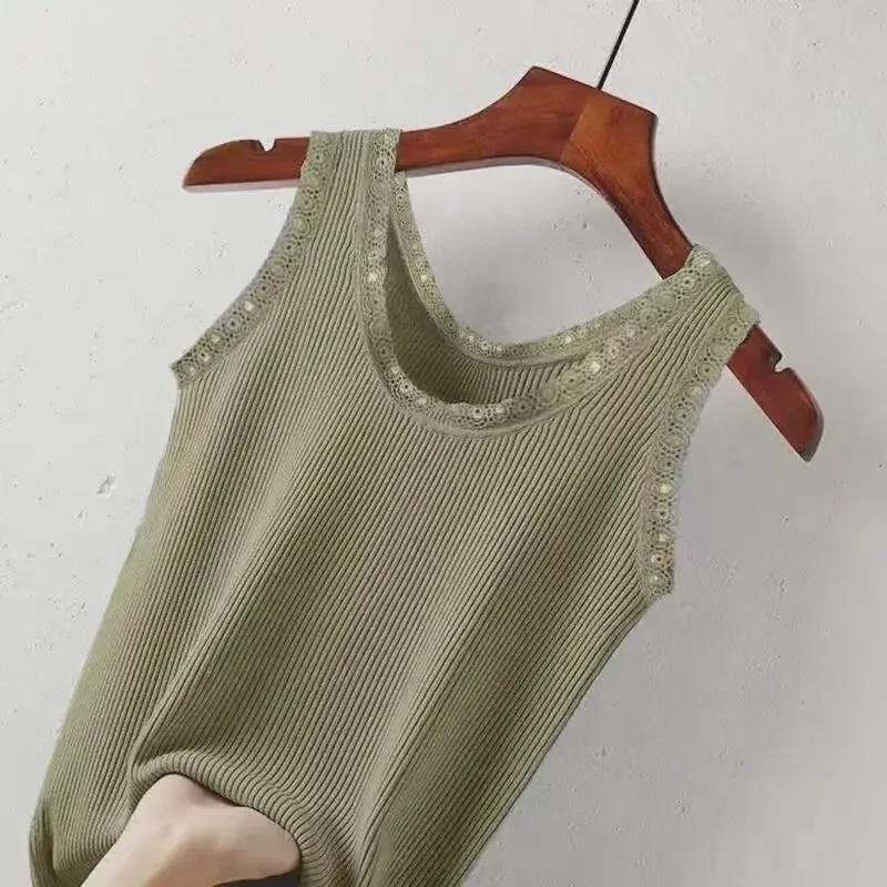 

Женская майка из модального рубчика с широкими плечами и кружевной отделкой - Весна/Лето, Большой размер, Свободный крой 5XL (170-190 lbs) зелёный