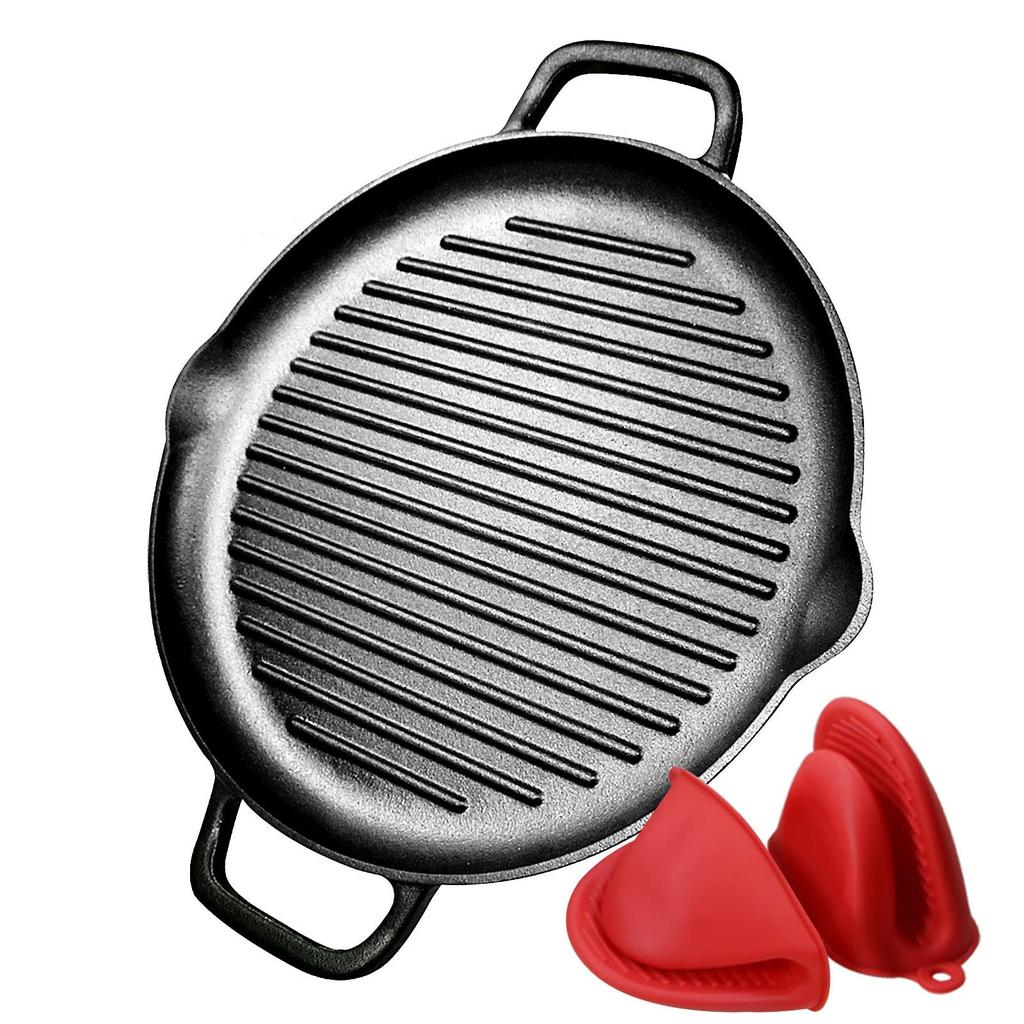 Wstępnie sezonowana żeliwna patelnia grillowa - 12-calowa okrągła patelnia grillowa z podwójnymi uchwytami do grillowania i gotowania na kuchence do steków i mięs