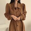 Korean version of chic spring French retro lapel single-breasted strap waist long solid color corduroy dress women