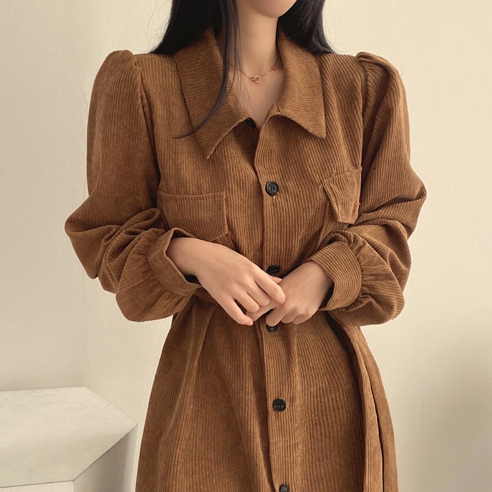 Korean version of chic spring French retro lapel single-breasted strap waist long solid color corduroy dress women