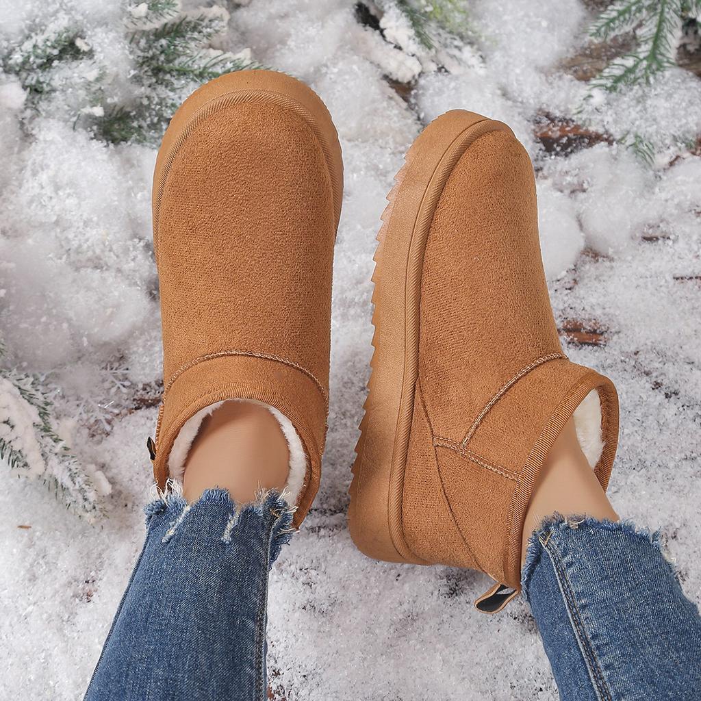 Fashion Women's Solid Color Thick Plush Snow Boots Comfortable Flat Ankle Boots Woman Winter Casual Slip On Flat Cotton Shoes
