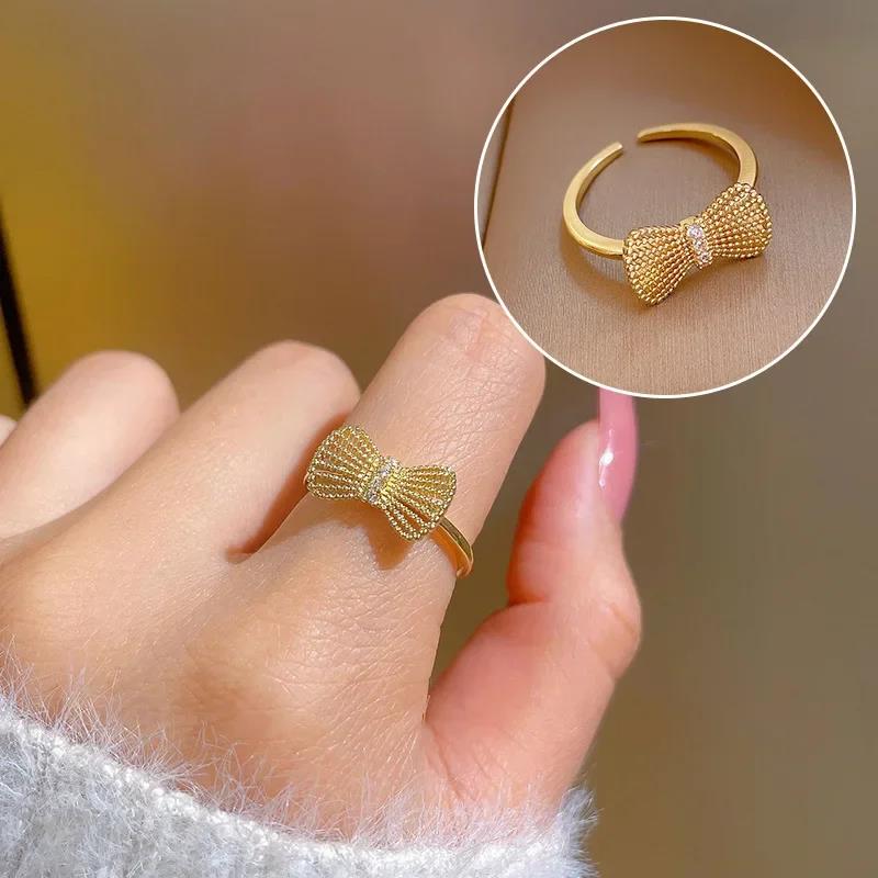 Simple Design Bowknot Shaped Gold Color Adjustable Ring For Women All Match Personality Sweet Crystal Open Rings Wedding Jewelry