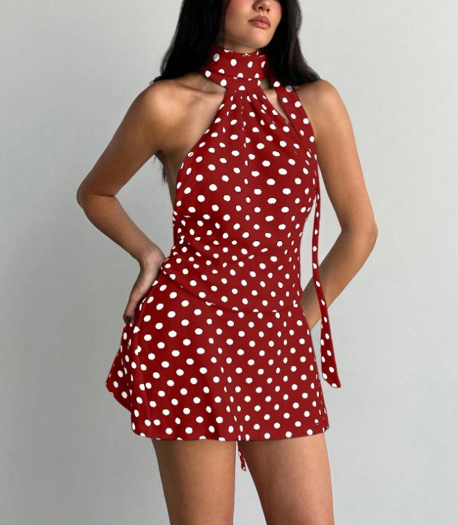 2026 Summer New Sexy Temperament Spice Girl Neck Slim Backless Polka Dot Dress Women's