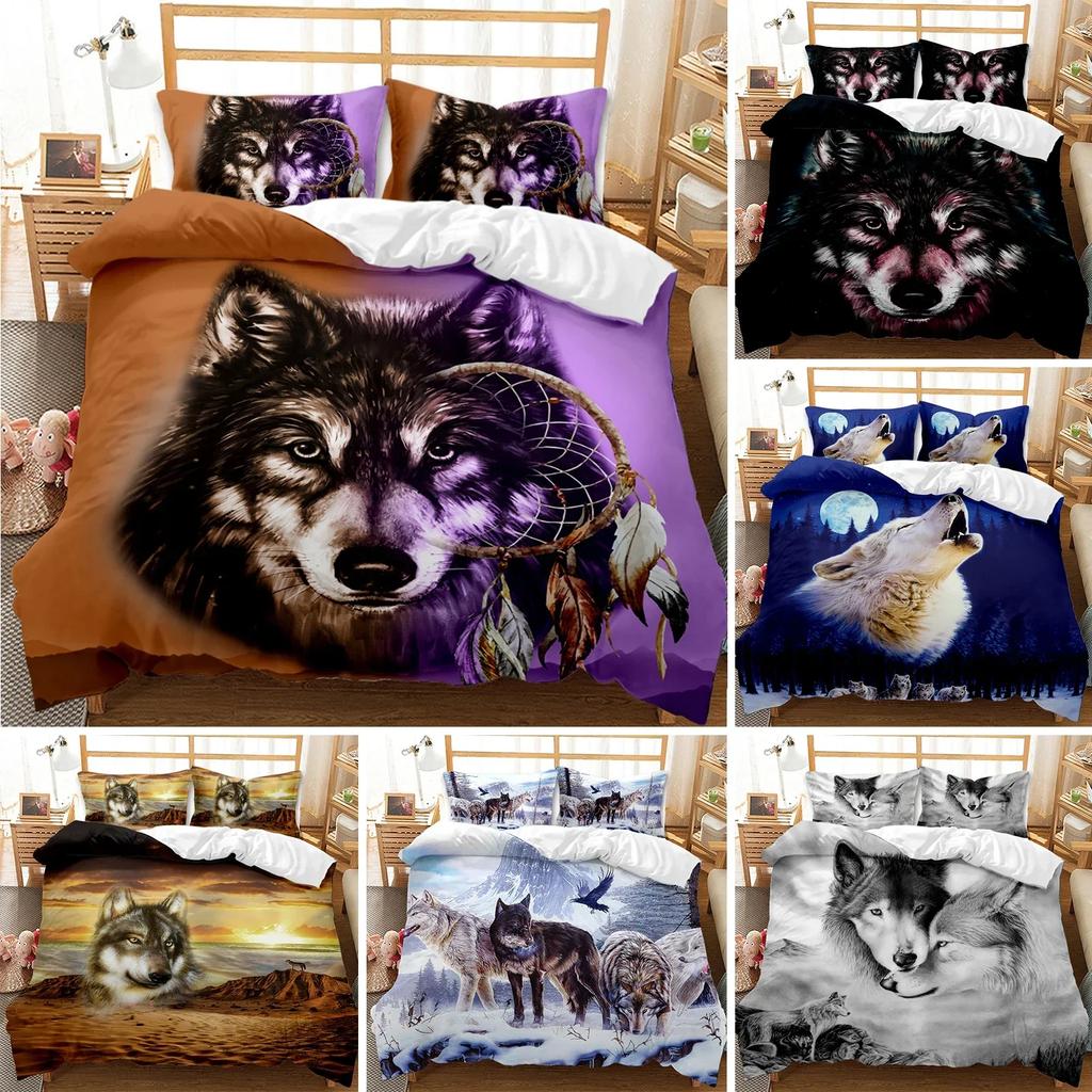 3D-gedruckter Wolf Wildes Schnee-Tier Bequemer Bettdeckenbezug Steppdecke Kissenbezug Bettwäscheset Kinderzimmerdekoration Heimtextil