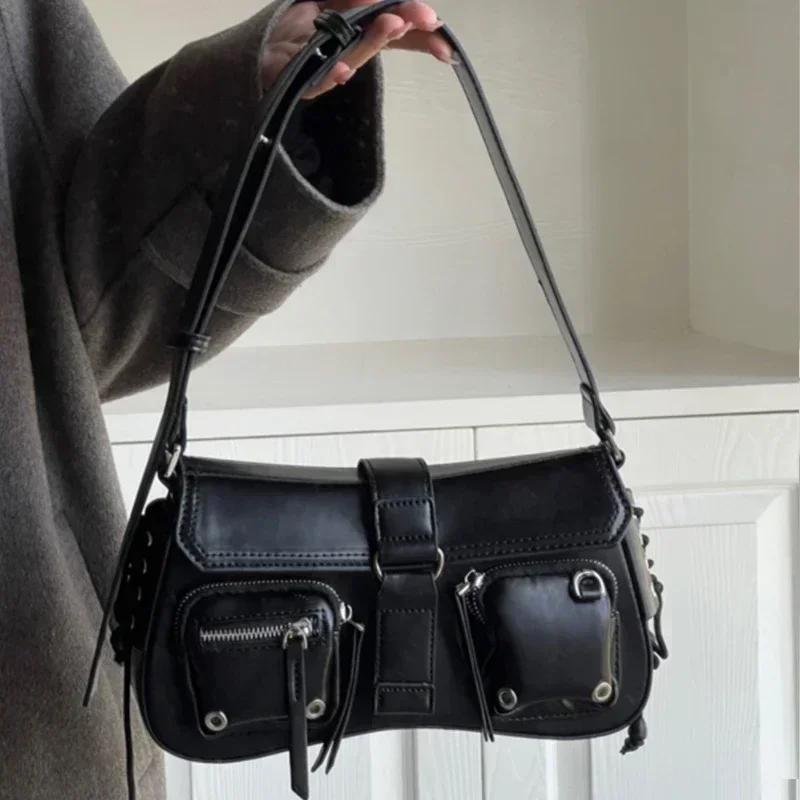 Y2K koreanske kvinner Harajuku Vintage Gothic Svart Håndveske Estetisk Elegant Punk Lommebok Veske Håndvesker Skulder Trend Tote Bags