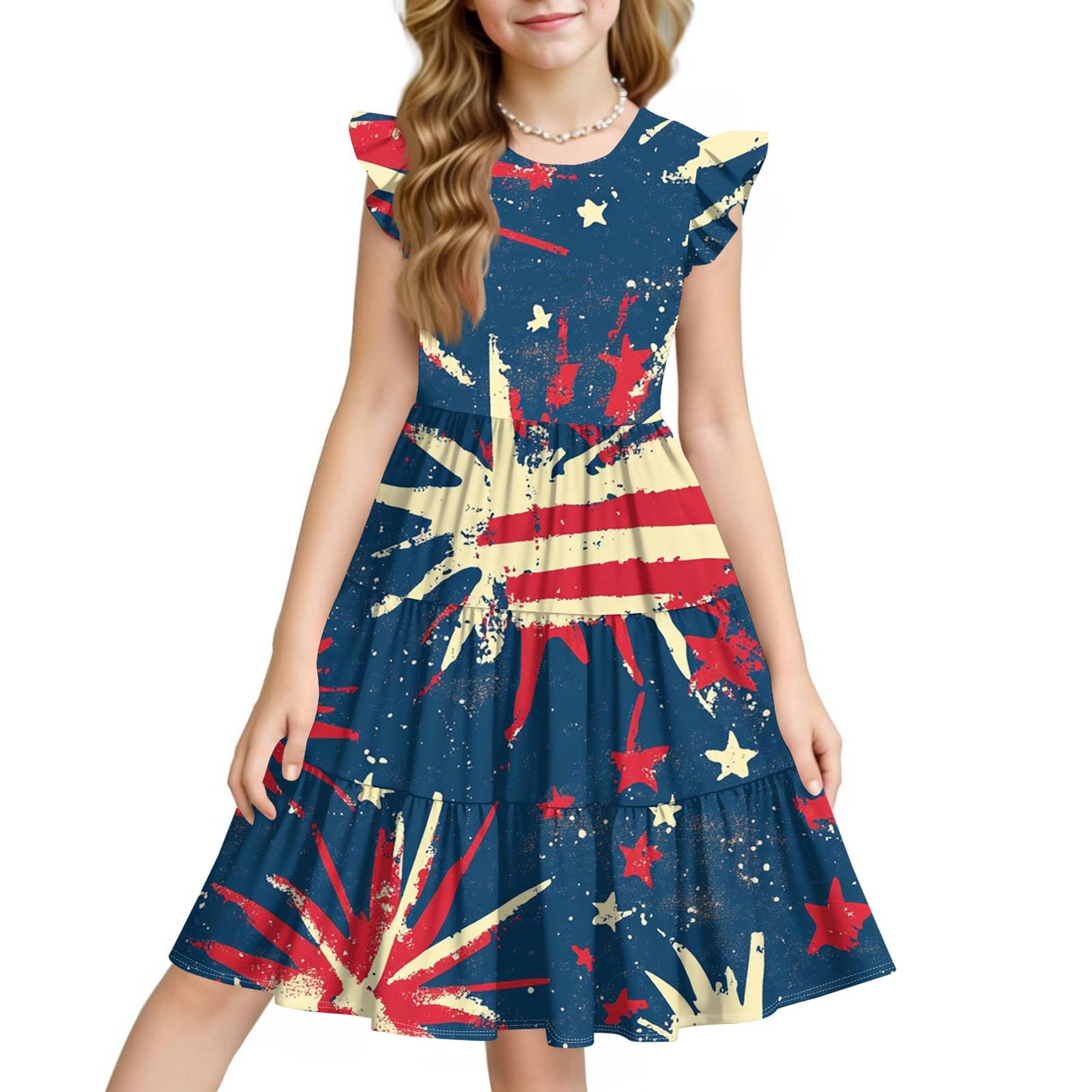 

Летнее детское платье для девочек, повседневное, на День независимости, милое платье принцессы с круглым вырезом 140