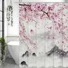 Chinese Ink Painting Peach Blossom Landscape Shower Curtain, Bathroom Decorative Shower Curtain, Waterproof Shower Curtain with