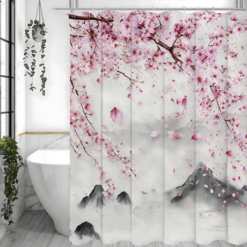Chinese Ink Painting Peach Blossom Landscape Shower Curtain, Bathroom Decorative Shower Curtain, Waterproof Shower Curtain with