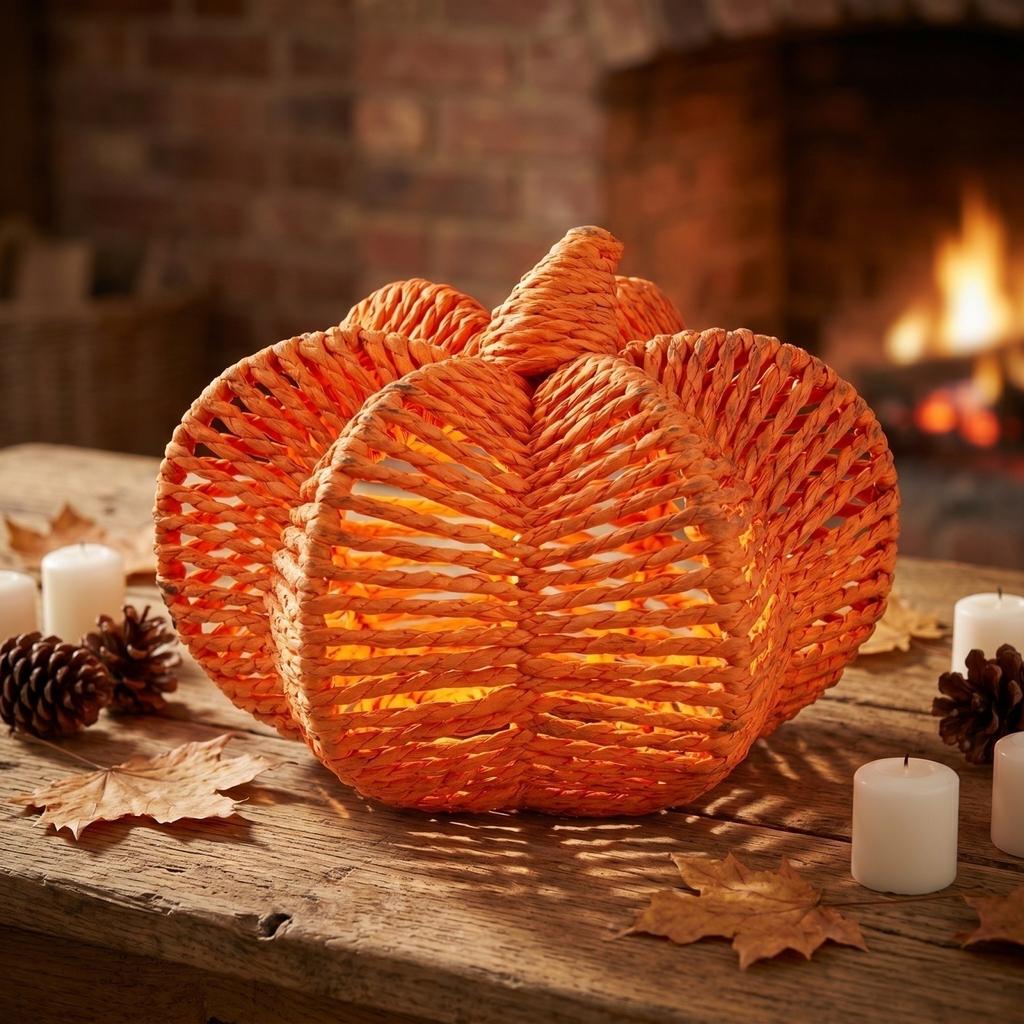 Woven Pumpkin Decoration for Tabletop - Rustic Fall Home Decor Ornament with, 3D Shape