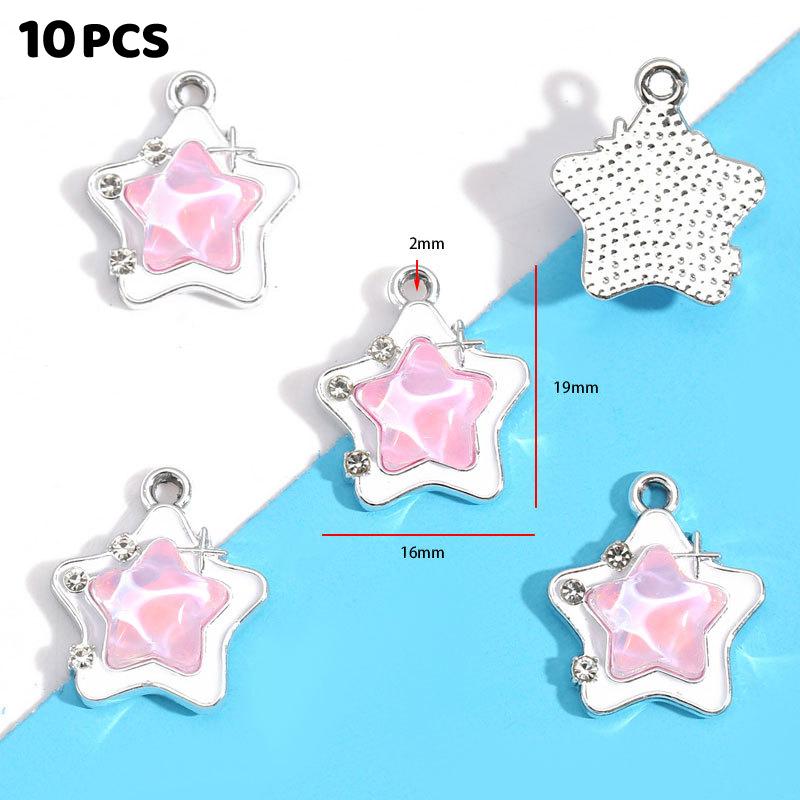 10Pcs Alloy Mixed Style, Inlaid Pink Resin Star And Moon Pendant, Diy Necklace, Bracelet Accessory