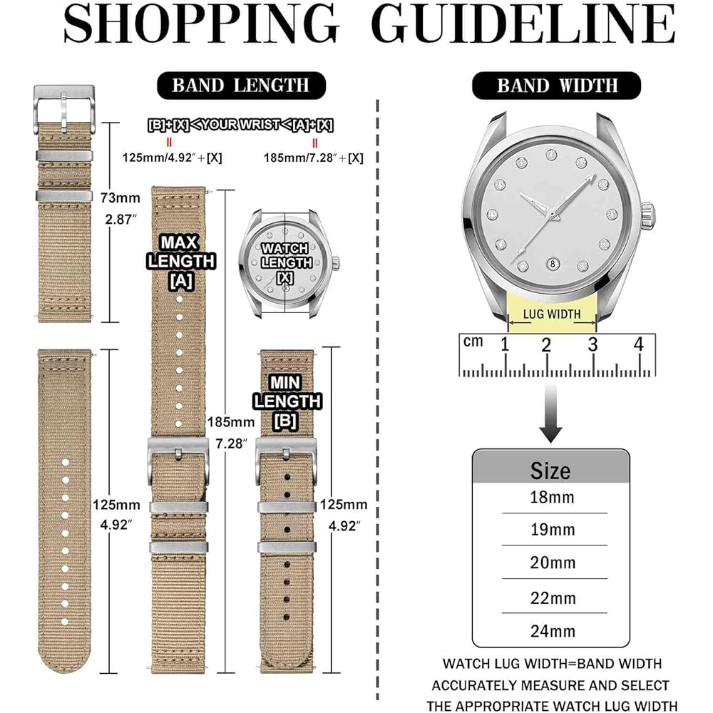 [ANBEER] 20mm Nylon Two-Piece Quick Release Replacement Strap with Metal Loop Khaki Silver Buckle