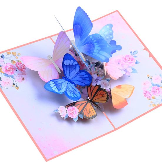 Pop-Up-Grußkarte, buntes Schmetterlings-Blumen-Design, 3D, faltbar, mit Umschlag, handgefertigte Anerkennungs-Segenskarten