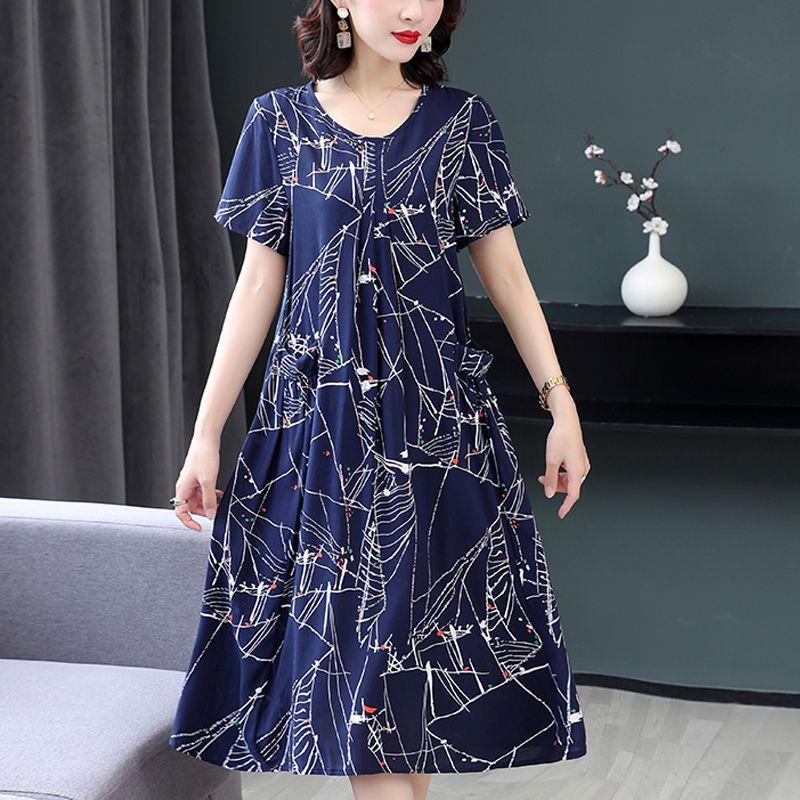 Damen Frühling Sommer Leichtes Glattes Kleid Bestickte Übergrößenkleider Kurzarmkleider