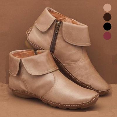 Retro Women Walking Arch Support Boots Faux Leather Zip Flat Ankle Booties Shoes