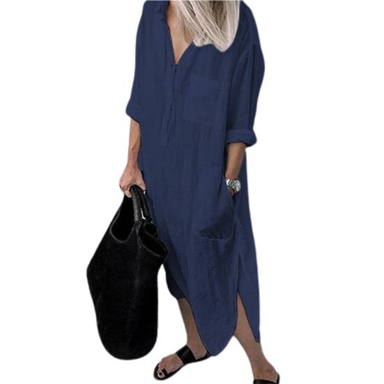 Shirt Dress Solid Color Side Split Spring Summer Temperament Loose-fitting Long Dress