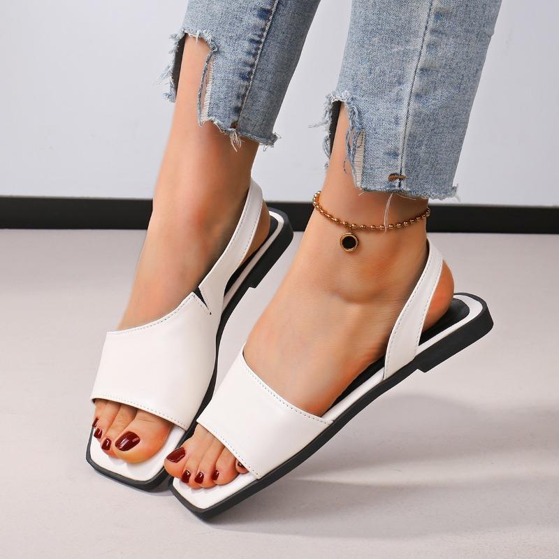 Summer Women Black Leisure Luxury Style Square Open The Toe Flats Shallow Mouth Sandal New Arrival Genuine Shoes