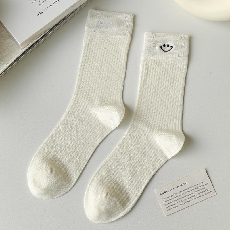 5/10 Pairs Casual Solid Color Socks for Women Spring Summer Mid Calf Cotton Socks Black and White Embroidered Casual College Style Long Socks