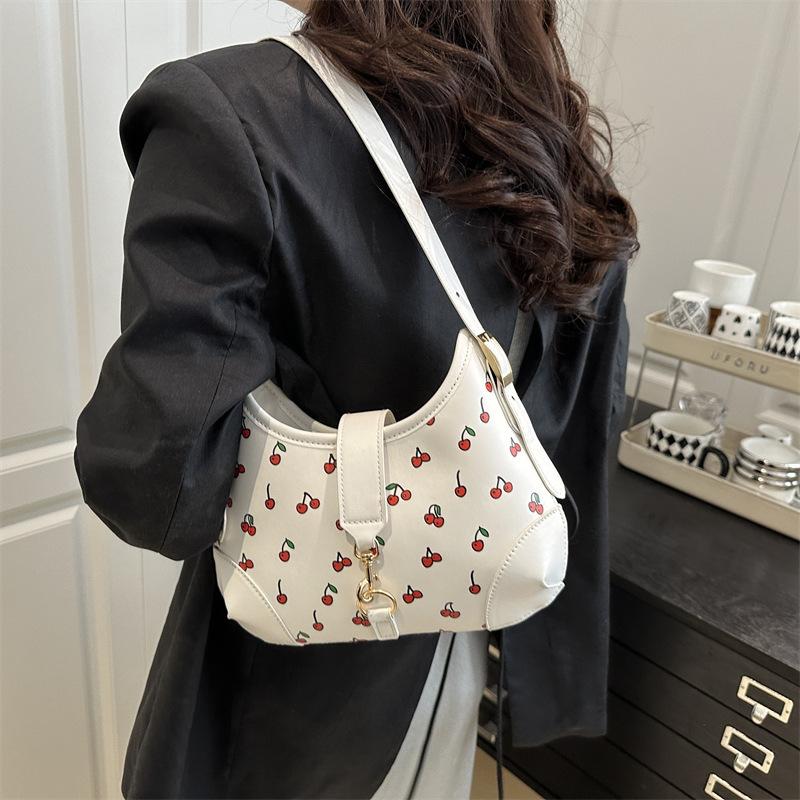 New small and fresh cherry pattern ctrasting crescent bag, fashiable and versatile underarm bag, daily casual shoulder bag