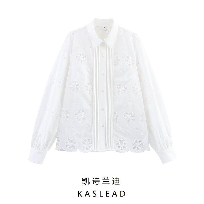 Kaslead New Women clothes Western Style Fashion Simple and Versatile Temperament Water Soluble Embroidery Shirts Top