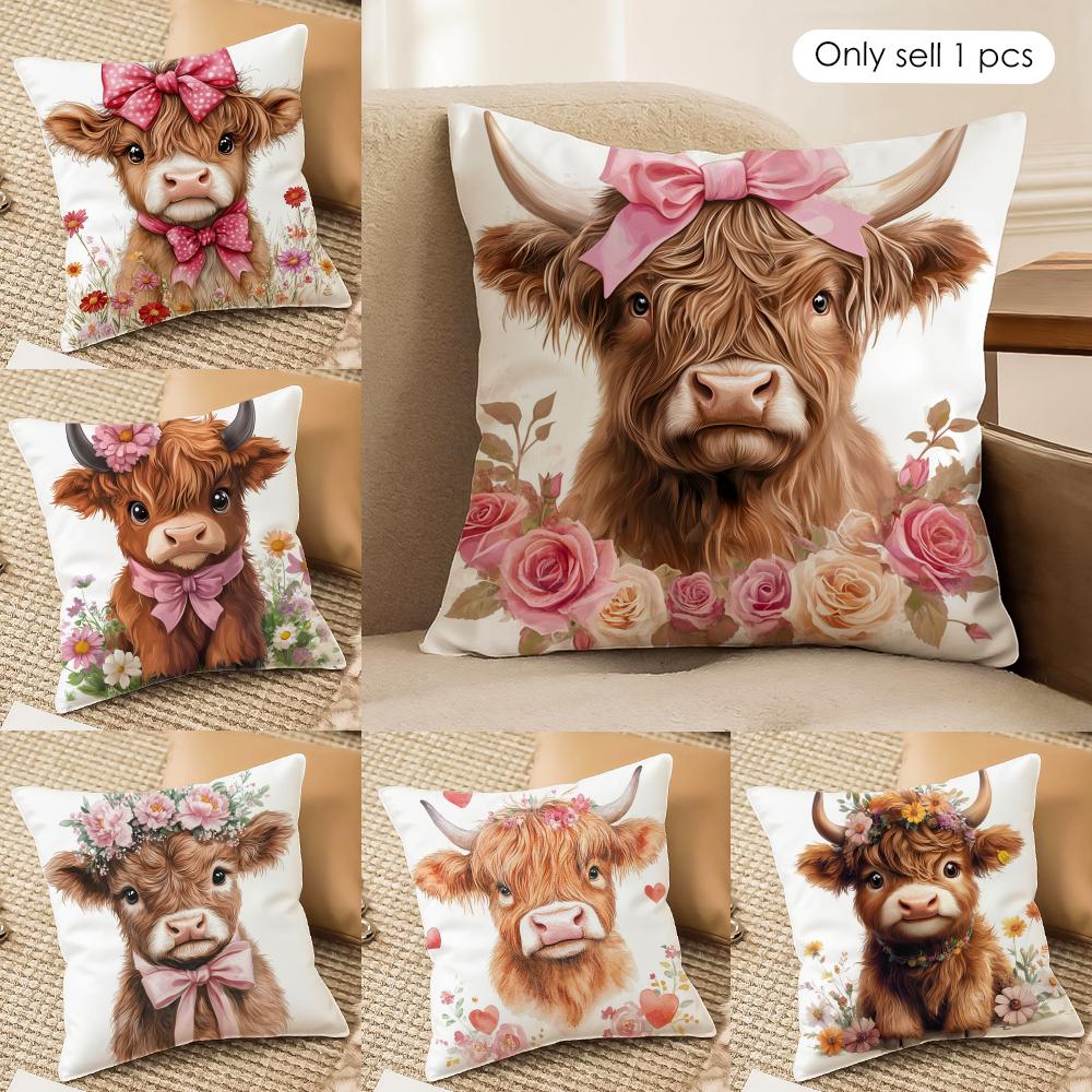 Capa de Almofada Vaca das Terras Altas e Flor Tecido de Pelúcia Macio Capas de Almofada Impressas em Ambos os Lados para Todas as Estações Decoração de Casa