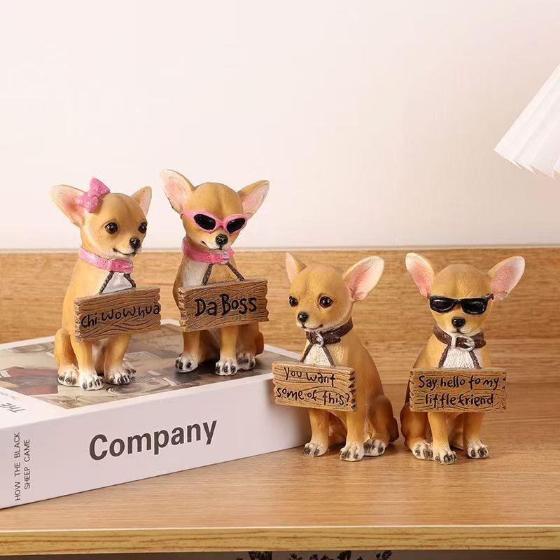 Chihuahua Dog Statue Figurine 10.5cm Hand-Painted Realistic Cute Resin Animal Sculpture Home Desk Shelf Decor Gift for Pet Lover