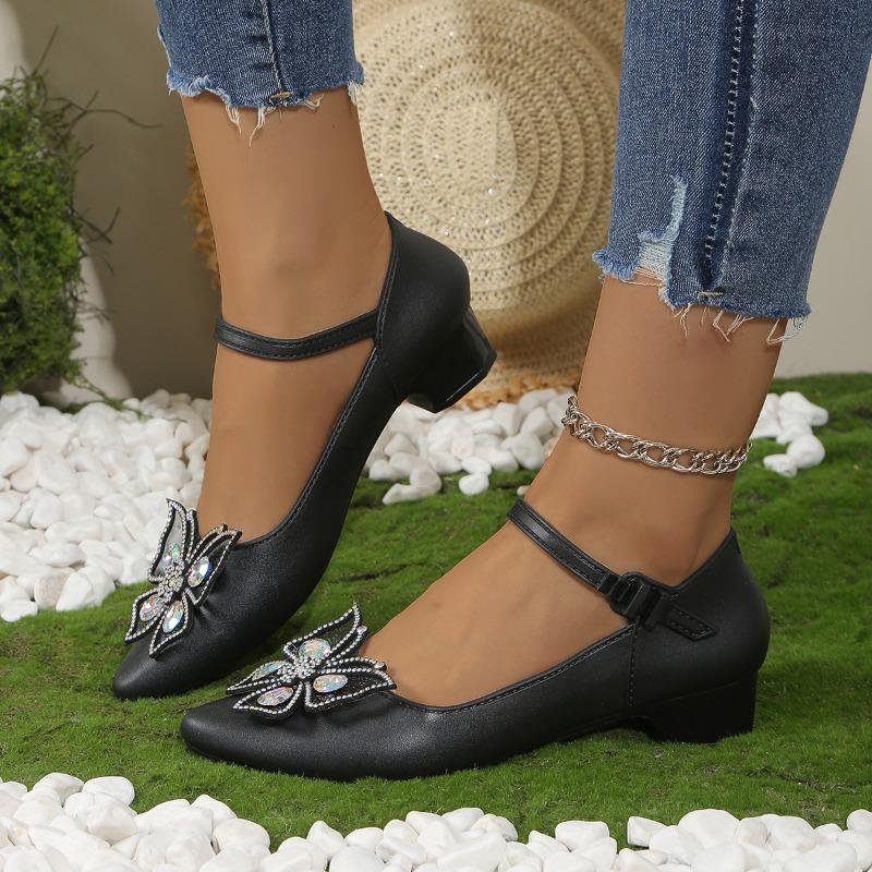 Fashion Women's Spring New Pointed Head Shallow Mouth Glitter Butterfly Knot Soft Sole Anti-slip Wear Heel Shoes