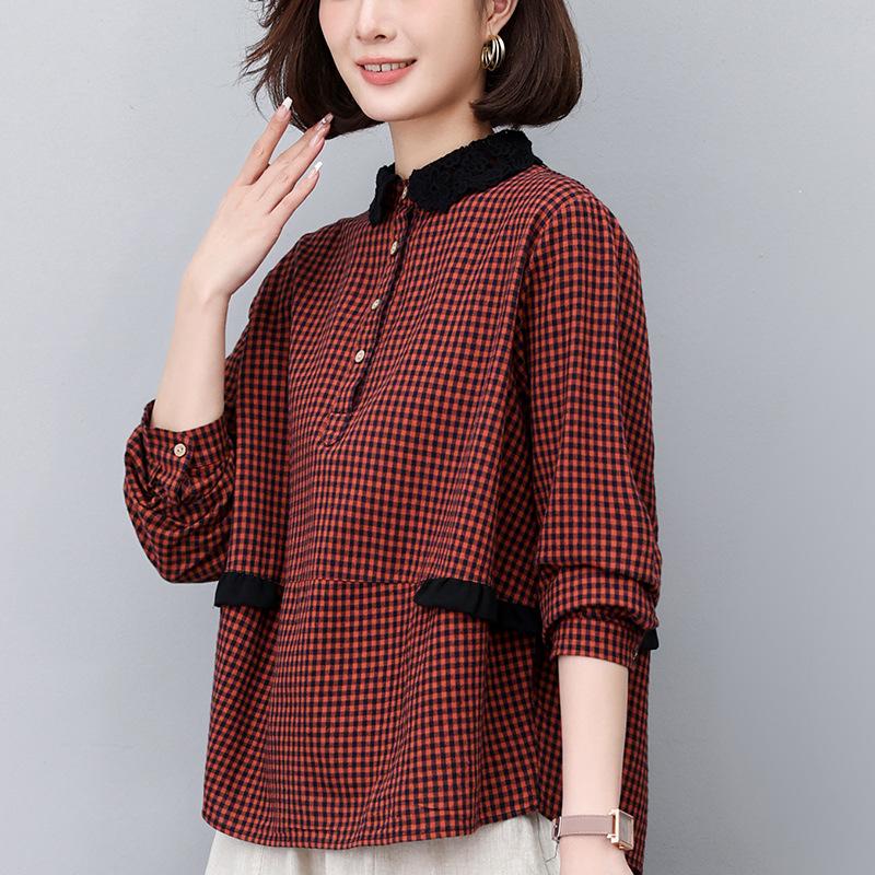 

Женская клетчатая рубашка с длинным рукавом - Новинка 2024 года, осенняя блузка в французском стиле для мамы XL (Recommended for 136-150 lbs)