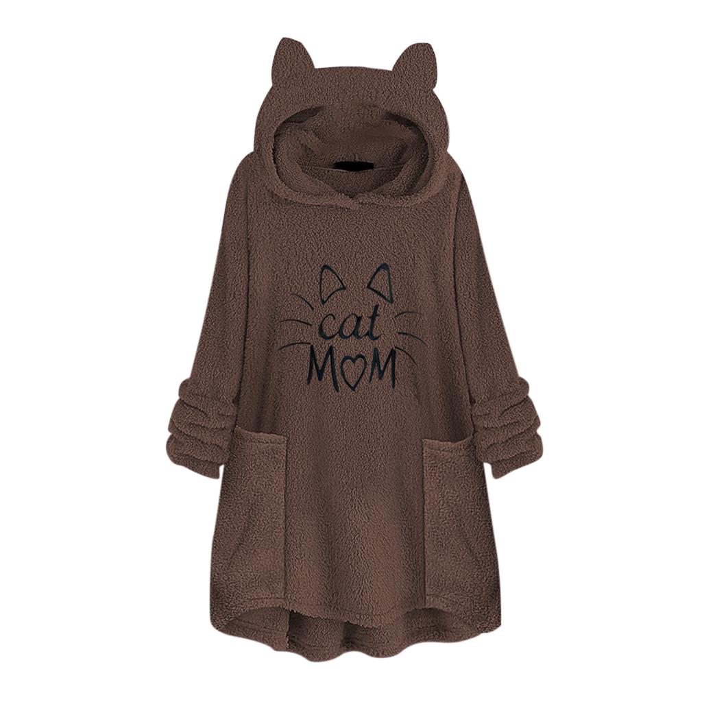 

(SU)женщины руна Вышивка Cat Ear Plus Размер Hoodie Карманный Верхний свитер блузка