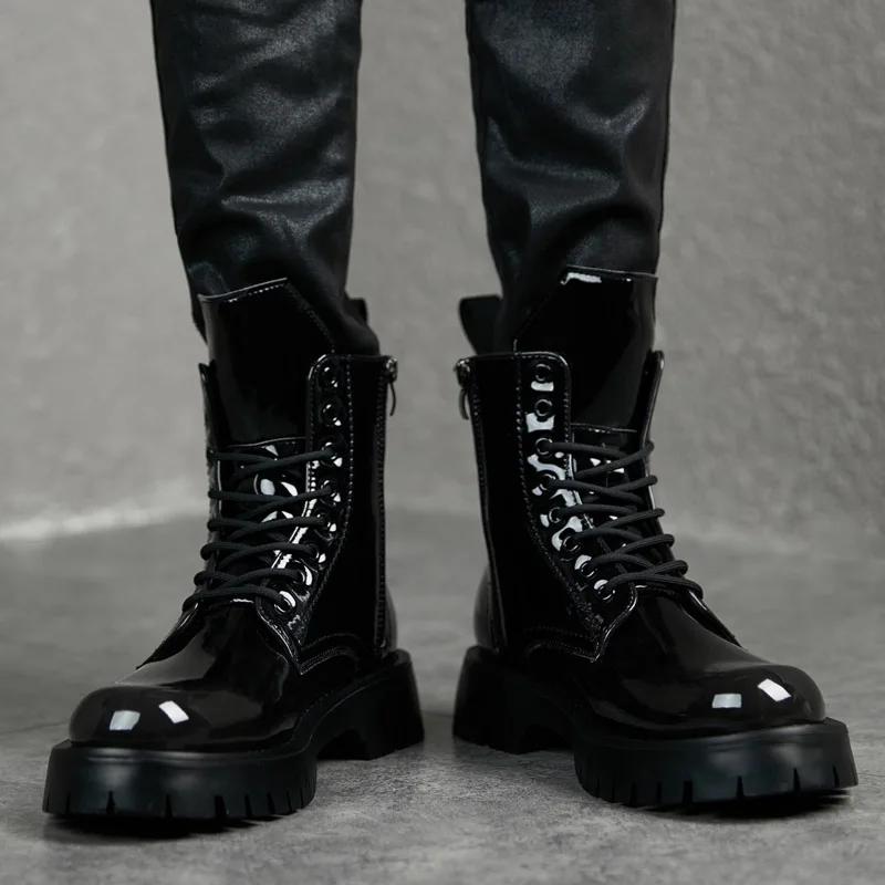 Herren Stiefel Lackleder Schuhe Party Nachtclub Kleid Cowboy Hoher Schornstein Stiefel Plateau Lange Chelsea Stiefel