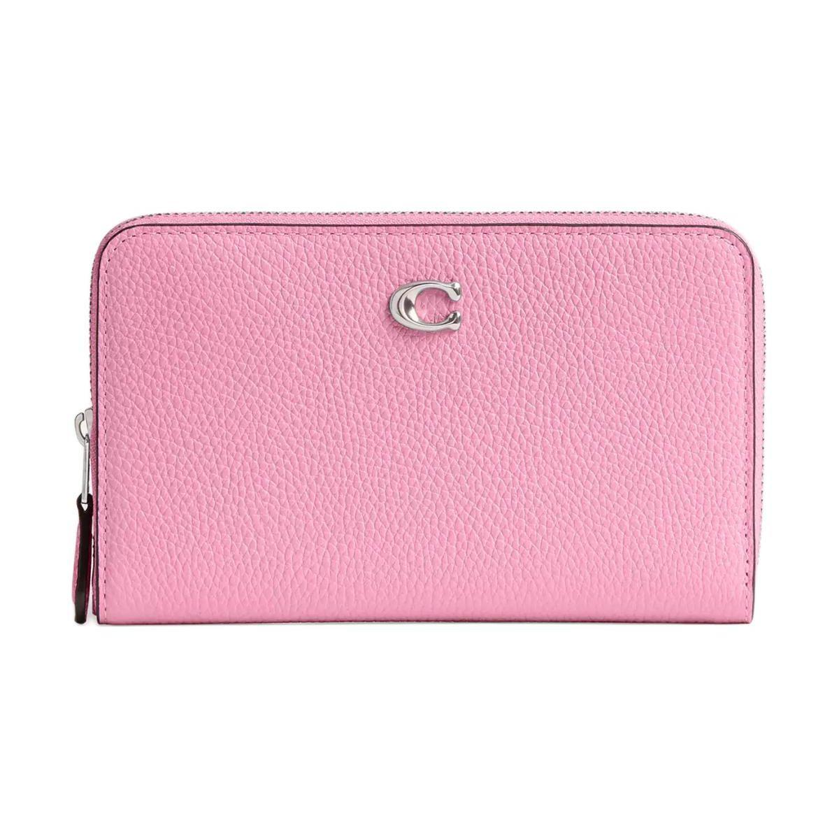 Coach Zip Around Essential 16 Logo Full Zip Polished Pebble Leather Wallet Women wallet Silver Bright-Pink CR546-LHWPU Basic Set (Bag+Dust Bag)