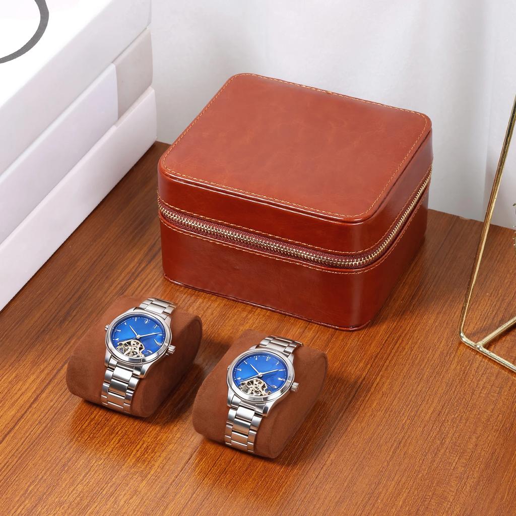 2-Slot Watch Storage Box PU Leather Watch Display Box with Suede Interior and Zipper Portable Travel Watch Organizer Case