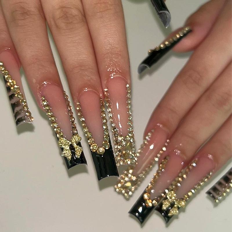 

Elegant Black French Removable False Nails with Full Diamond Design