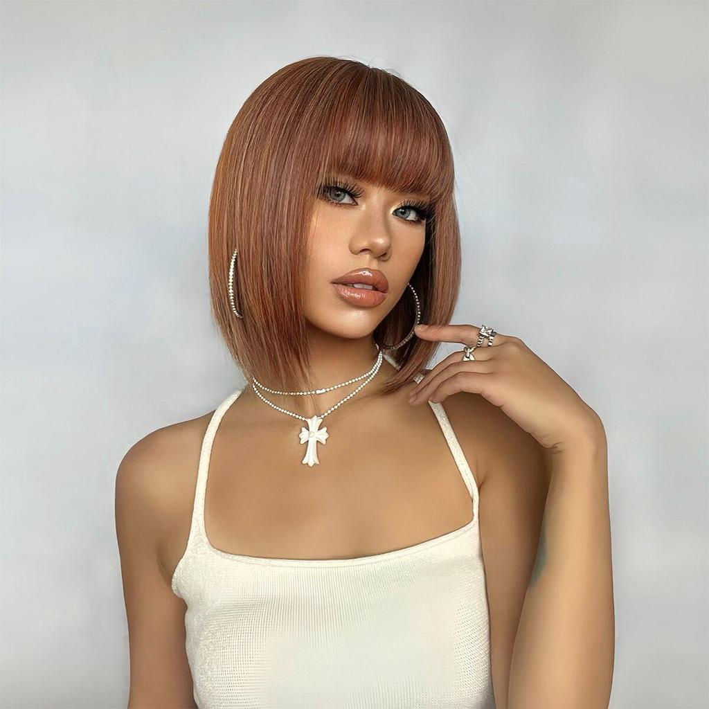 EASIHAIR Perucas de cabelo natural Bob, laranja, marrom, liso, bob, perucas sintéticas, perucas de cabelo de fibra resistente ao calor, perucas de cosplay para festa diária