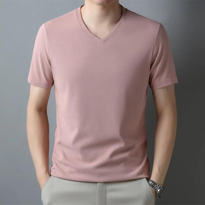 Men's Solid Color V Neck T Shirt Casual Slim Fit Breathable Short Sleeve Basic Top for Daily Wear Brown